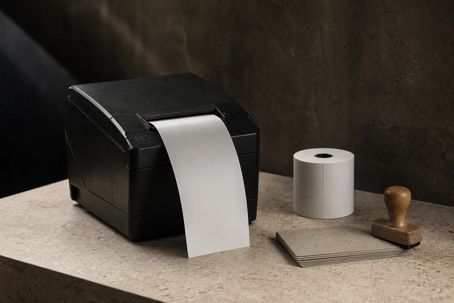 Thermal receipt printer, spare paper roll, loyalty stamp cards and wooden stamp on a shop counter